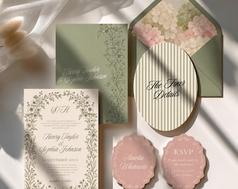 Conjunto de invitaciones de boda románticas en verde salvia, invitación de boda de estilo clásico en Canva, conjunto de papelería de boda en rosa palo con temática de jardín.