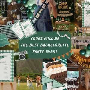 May include: A collage of party decorations and accessories for a bachelorette weekend. Includes green and white baseball caps, a camera, signs, balloons, and a sash that says "Bride". The text reads "Yours will be the best bachelorette party ever!"