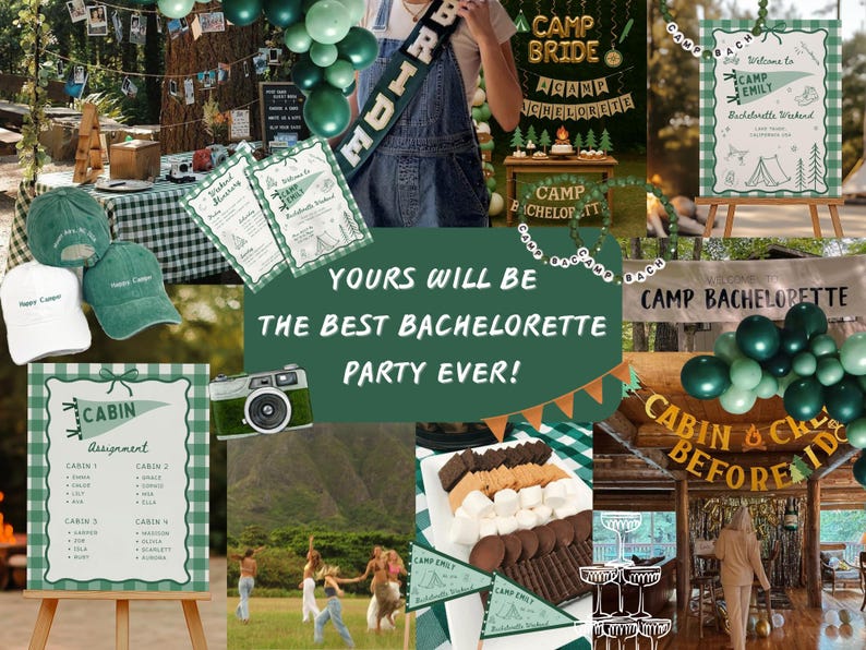 May include: A collage of party decorations and accessories for a bachelorette weekend. Includes green and white baseball caps, a camera, signs, balloons, and a sash that says "Bride". The text reads "Yours will be the best bachelorette party ever!"