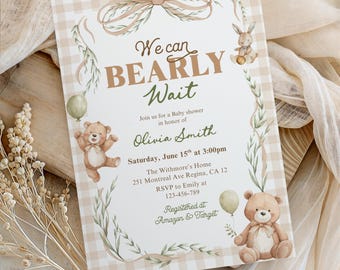 Invitación para baby shower con osito de peluche a cuadros vichy, Plantilla para baby shower "Ya casi no podemos esperar", Invitación con temática de osito de peluche unisex