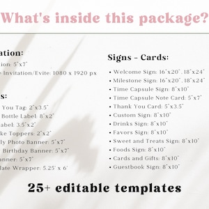 Pode incluir: Imagem de um produto digital listando v&aacute;rios modelos edit&aacute;veis. Inclui convites, letreiros, cart&otilde;es e extras como r&oacute;tulos de garrafas de &aacute;gua e toppers de cupcake. Os tamanhos est&atilde;o em polegadas, como 5"x7" e 8"x10".