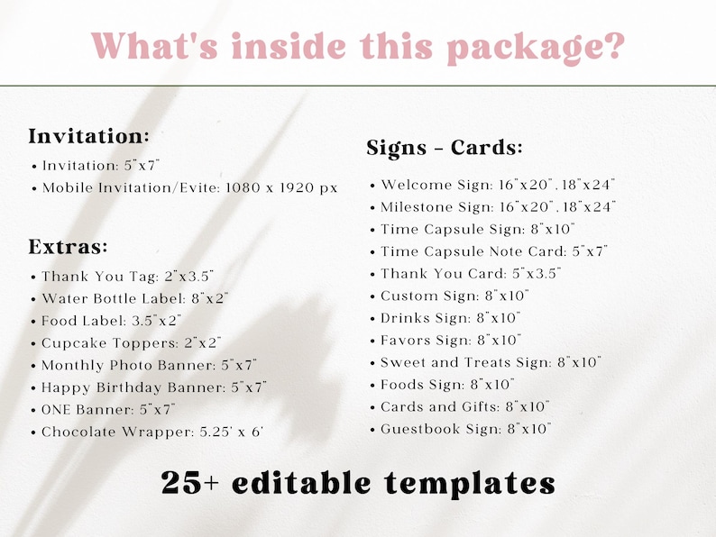 Pode incluir: Imagem de um produto digital listando v&aacute;rios modelos edit&aacute;veis. Inclui convites, letreiros, cart&otilde;es e extras como r&oacute;tulos de garrafas de &aacute;gua e toppers de cupcake. Os tamanhos est&atilde;o em polegadas, como 5"x7" e 8"x10".