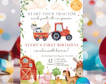 Puede incluir: Invitación de cumpleaños con temática de granja para Avery. El diseño presenta un tractor rojo tirando de un vagón con una vaca y una oveja. Incluye el texto "Start your tractor and put it in gear".