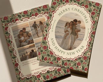 Cottage Christmas Photo Card Canva Template, Heirloom Style Holiday Photo Collage, Printable Vintage Christmas Card
