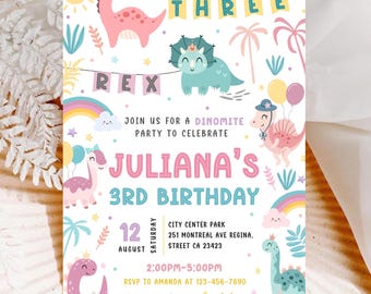 Editable Three Rex Girl Birthday Invitation Dinosaur Party T-Rex Invite Pastel Dinosaur Invitation