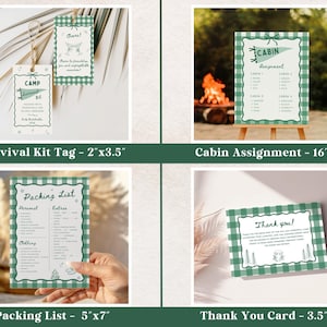 May include: A collection of camping-themed stationery items. Includes a survival kit tag (2"x3.5"), a cabin assignment sign (16"x20"), a packing list (5"x7"), and a thank you card (3.5"x5"). Each item features a green and white gingham border and decorative elements.