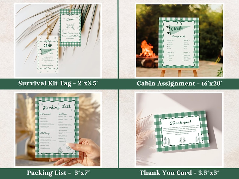 May include: A collection of camping-themed stationery items. Includes a survival kit tag (2"x3.5"), a cabin assignment sign (16"x20"), a packing list (5"x7"), and a thank you card (3.5"x5"). Each item features a green and white gingham border and decorative elements.