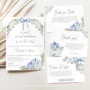 Blue Pumpkin Boy Baby Shower Invitation Bundle, Little Pumpkin is On The Way Boho Invitation Set, Fall Blue Bow Baby Shower
