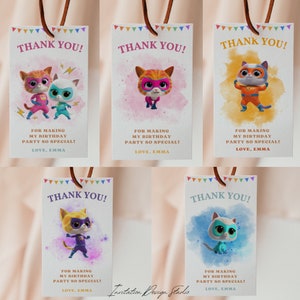 Tag de agradecimento editável Super Kitty Tag de agradecimento de aniversário para gatinhos Tag de lembrancinha para gatinhos