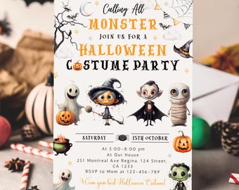 Puede incluir: Una invitación a una fiesta de Halloween con un fondo blanco y monstruos de dibujos animados coloridos. La invitación dice "Calling All Monster Join Us For A Halloween Costume Party" con la fecha y la hora de la fiesta que se enumeran a continuación.