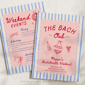Coastal Bachelorette Invitation Template, The Bach Club Girls Trip Travel Itinerary, Last Splash Bachelorette Invite
