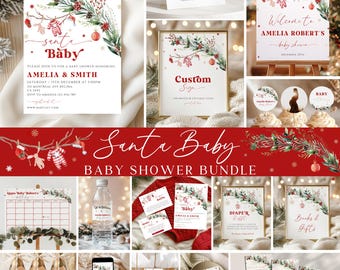 May include: A festive baby shower stationery set with a winter theme. Designs include red and green foliage, ornaments, and the words "Santa Baby." The set includes invitations, signs, and thank you cards.