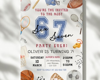 6-7 Sports Birthday Invitation, Viral Meme Six Seven Party Invite, Trending Boy 7th Birthday Party Invite