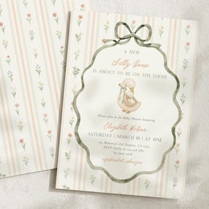 May include: Baby shower invitation with a whimsical design. The invitation features a watercolor illustration of a mother goose and baby goose. The text reads "A New Silly Goose Is About To Be On The Loose". The invitation is decorated with a floral and striped pattern.