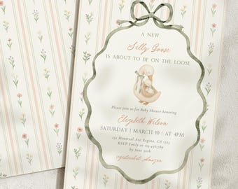 Silly Goose on the Loose Baby Shower Invitation, Vintage Goose Baby Shower Invite, Pink Greenery Mother Goose Invite Template