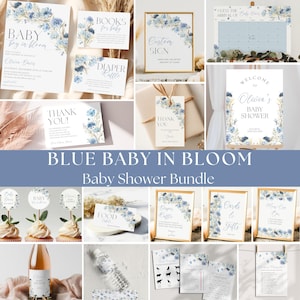 Blue Baby in Bloom Baby Shower Bundle, Floral Baby Shower Decorations, Blue Floral Baby Shower, Spring Baby Shower Invite Pack
