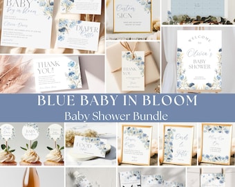 Blue Baby in Bloom Baby Shower Bundle, Floral Baby Shower Decorations, Blue Floral Baby Shower, Spring Baby Shower Invite Pack