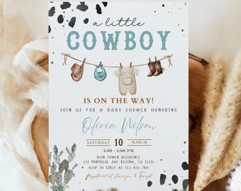 Cowboy babyshower uitnodiging, een beetje cowboy uitnodiging voor douche, blauwe westerse babyshower uitnodiging, rodeo babyshower thema