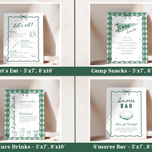 May include: Four white signs with green gingham borders and text. The signs read "Let's Eat", "Camp Snacks", "Signature Drinks", and "S'mores Bar". Each sign is approximately 5 feet by 7 feet, and 8 feet by 10 feet.