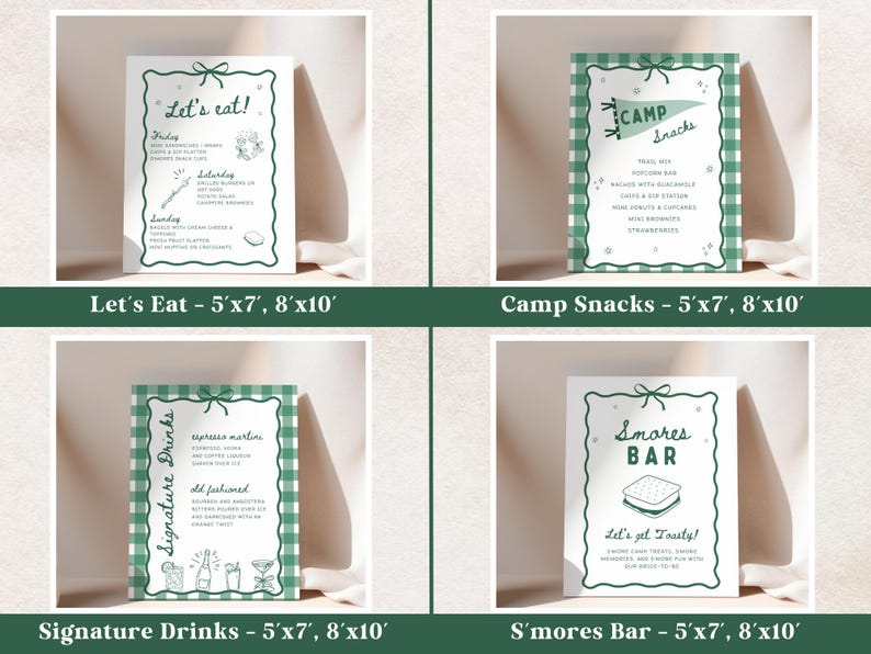 May include: Four white signs with green gingham borders and text. The signs read "Let's Eat", "Camp Snacks", "Signature Drinks", and "S'mores Bar". Each sign is approximately 5 feet by 7 feet, and 8 feet by 10 feet.