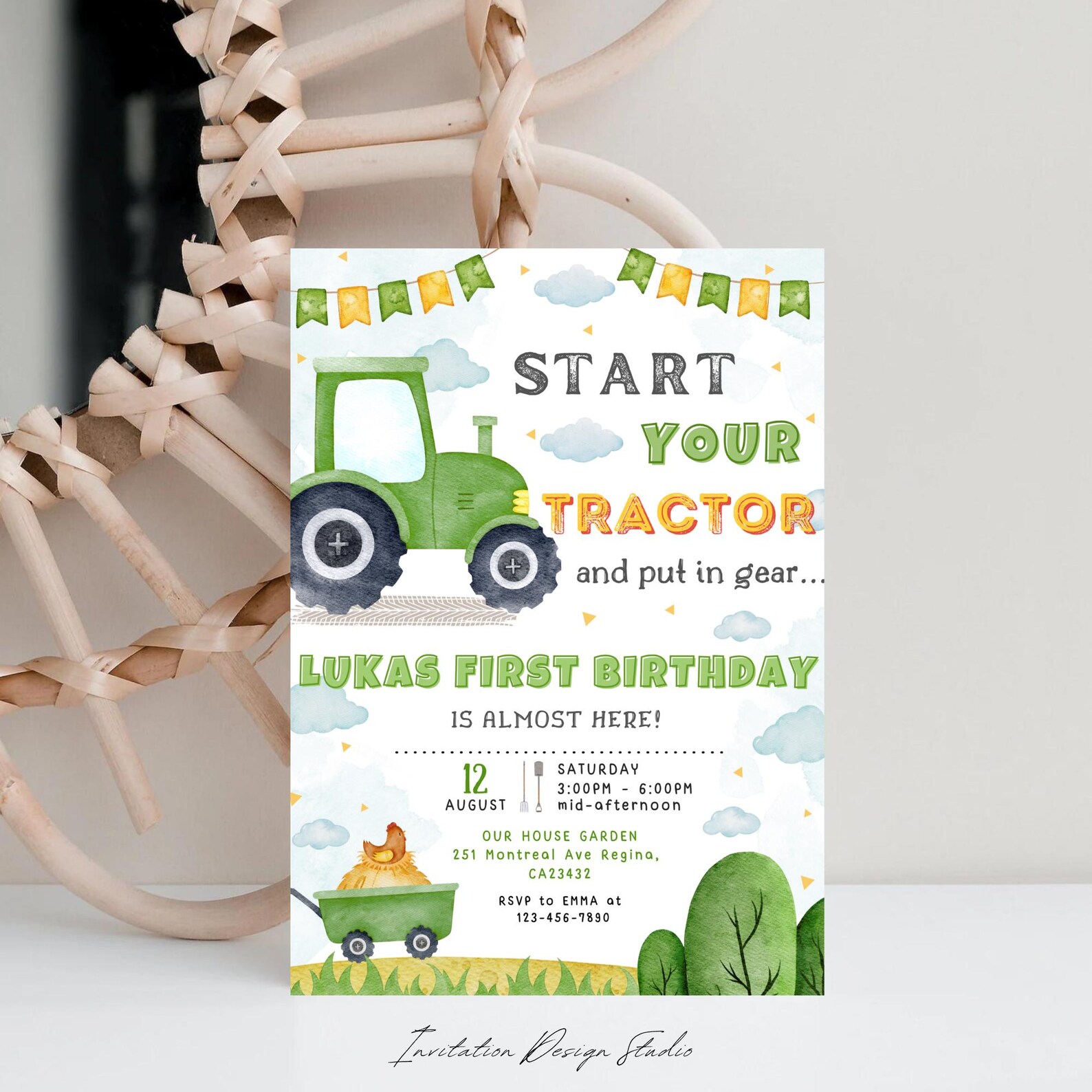 Editable Green Tractor Birthday Invitation Green Tractor Party Farm ...