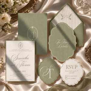 May include: A sage green and cream wedding invitation suite featuring a rectangular invitation with the names Samantha and Thomas, a scalloped RSVP card with checkboxes, a scalloped details card, a monogrammed card, and an envelope with bird art.