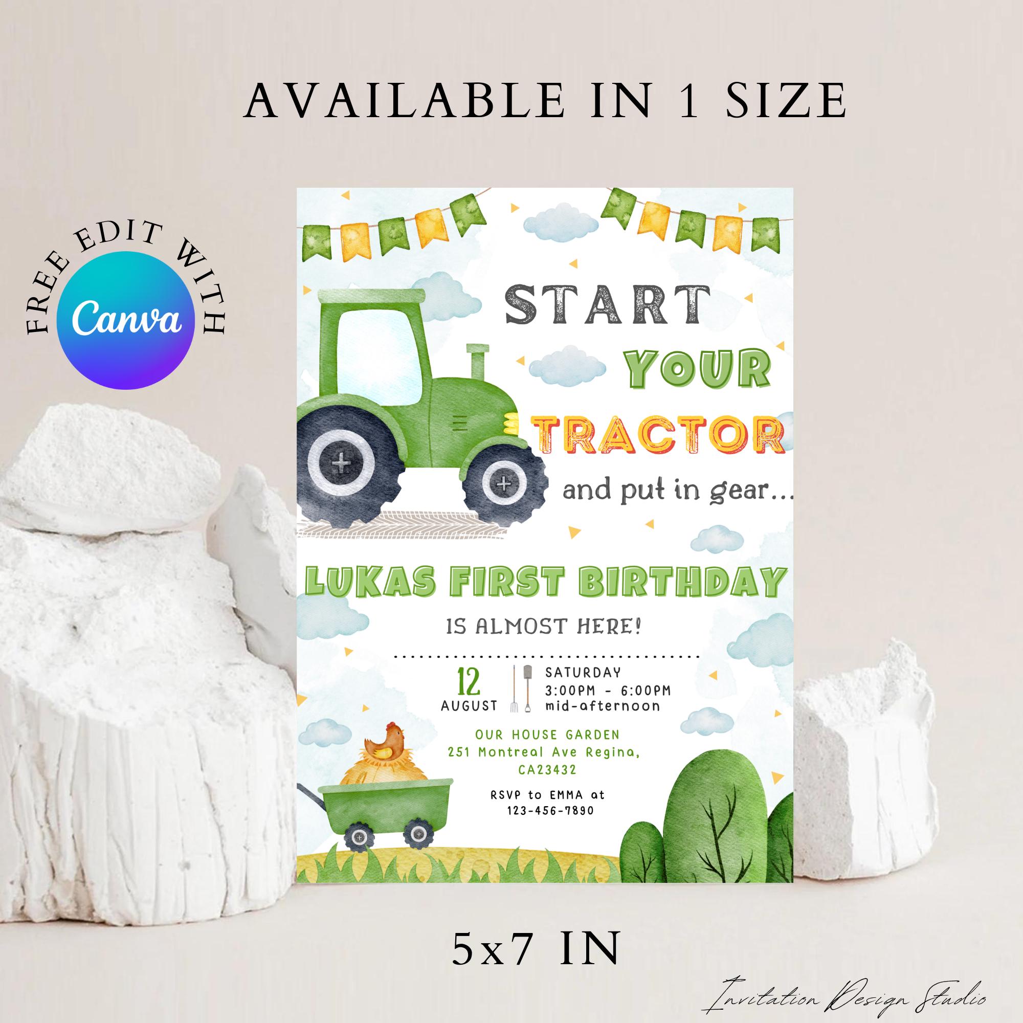 Editable Green Tractor Birthday Invitation Green Tractor Party Farm ...