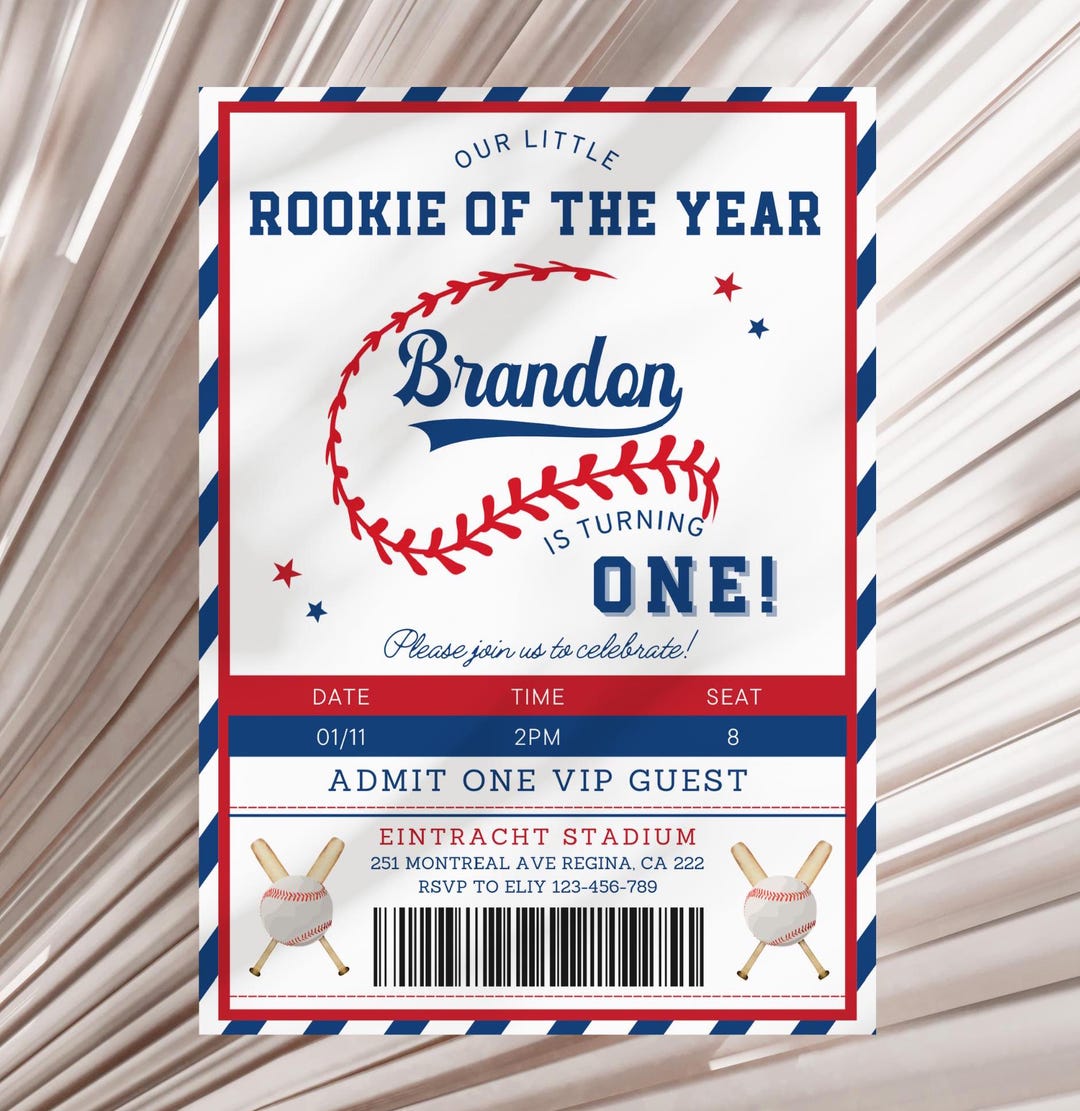 Editable Rookie of the Year First Birthday Invitation Baseball Boy ...