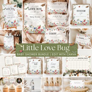May include: A collection of baby shower stationery with a floral and butterfly theme. Includes invitations, thank you cards, signs, and cupcake toppers. The text "Little Love Bug" is prominently displayed.