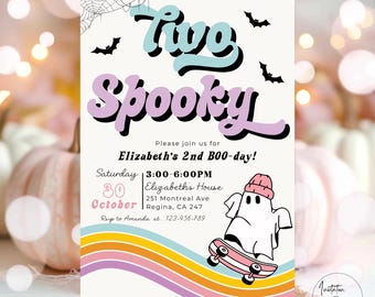 Two Spooky Invitation Girl Halloween Birthday Invitation Cute Ghost Spooktacular Party Halloween Invitation