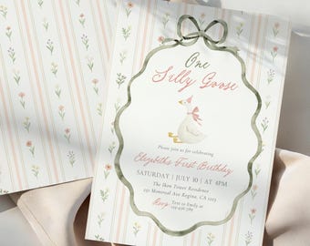 Vintage One Silly Goose Birthday Invitation, Silly Goose Floral 1st Birthday Invite, Silly Goose Girl Party Theme, One Lucky Duck