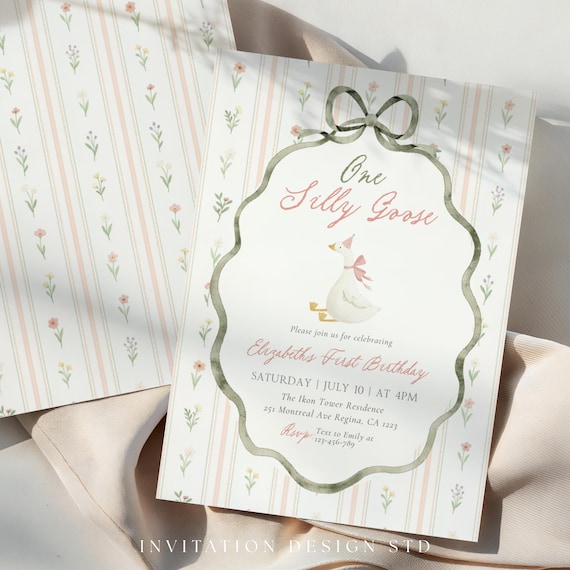 Vintage One Silly Goose Birthday Invitation, Silly Goose Floral 1st Birthday Invite, Silly Goose Girl Party Theme, One Lucky Duck