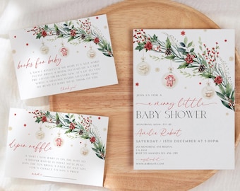 Könnte beinhalten: Ein Satz von drei Weihnachts-Babyparty-Einladungen mit einem Aquarell-Design aus einer Girlande aus Grün, roten Beeren und Ornamenten. Der Text auf den Einladungen lautet "Bücher für Baby", "Windel-Tombola" und "Feiern Sie mit uns eine fröhliche kleine Babyparty zu Ehren der werdenden Mama Andie Robert".