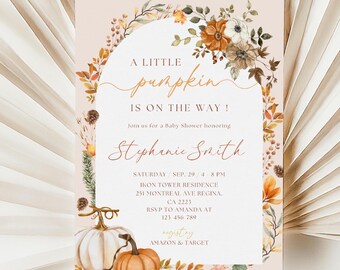May include: A baby shower invitation with a watercolor illustration of pumpkins and fall foliage. The text reads "A little pumpkin is on the way!" and includes the name "Stephanie Smith", date, time, and location of the event. It also includes the RSVP information and registry details.