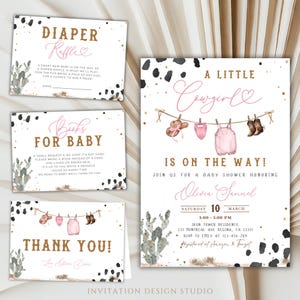 A Little Cowgirl Baby Shower Set, Western Girl Baby Clothes Baby Shower Invite, Pink Rodeo Baby Shower Invitation Set