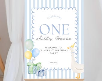 One Silly Goose 1st Birthday Welcome Sign, Blue Boy First Birthday Welcome Poster, One Silly Goose Party Decorations, Goose 1st Birthday