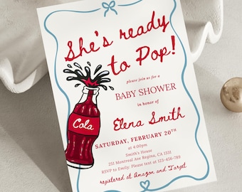 Zaproszenie na baby shower w stylu retro, gotowe do użycia, motyw przewodni Blue Soda Pop, ręcznie rysowane zaproszenie na baby shower dla chłopców