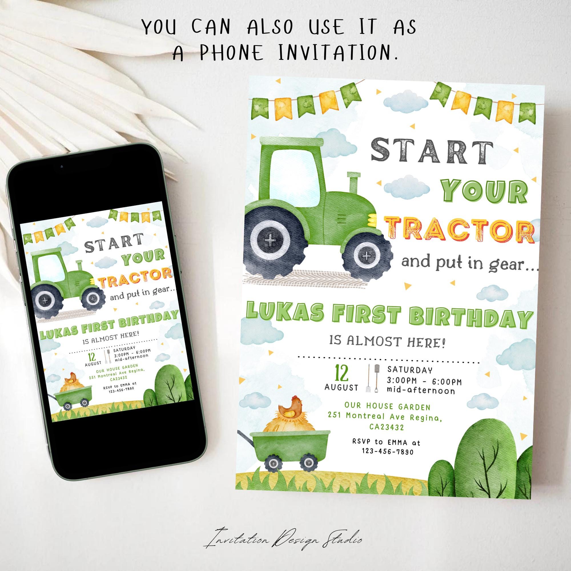 Editable Green Tractor Birthday Invitation Green Tractor Party Farm ...