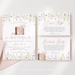 Un nouveau chapitre sur l'histoire de Begin, ensemble pour baby shower, livre d'histoires pour baby shower, pack d'invitations pour baby shower à thème livre
