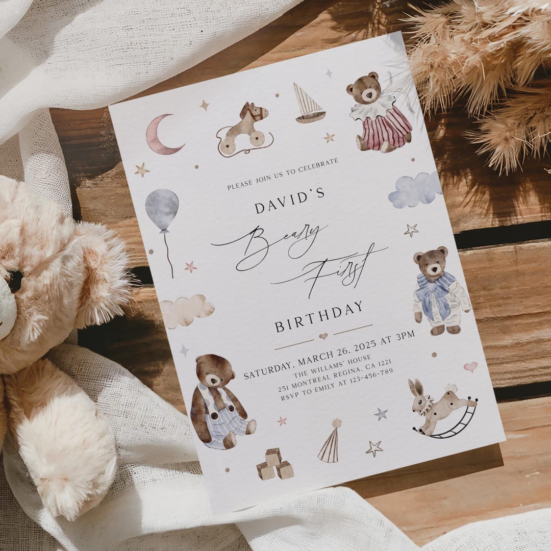 One is Beary Fun Neutral Bear 1st Birthday Party Invitation