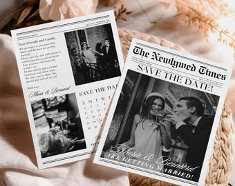 Plantilla personalizable para guardar la fecha en un periódico, plantilla para guardar la fecha en una tarjeta de boda, plantilla para guardar la fecha en una tarjeta con foto