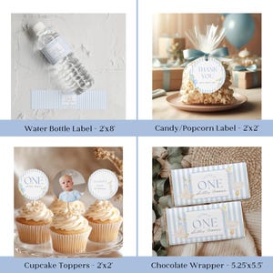 May include: A collection of party supplies with a baby blue theme. Includes water bottle labels, candy labels, cupcake toppers, and chocolate wrappers. The labels and wrappers feature the text "ONE" and "Silly Goose".