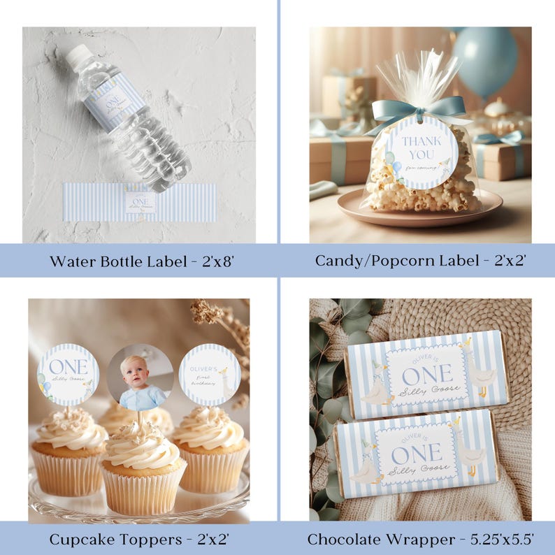 May include: A collection of party supplies with a baby blue theme. Includes water bottle labels, candy labels, cupcake toppers, and chocolate wrappers. The labels and wrappers feature the text "ONE" and "Silly Goose".
