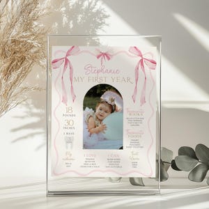 May include: A clear acrylic photo frame displaying a personalized baby's first year milestone print. The print features a photo of a baby, pink ribbons, and text including the baby's name, weight (18 pounds), height (30 inches), and favorite things.