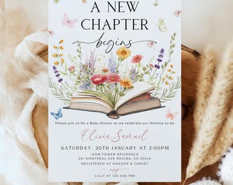 May include: A white baby shower invitation with a floral design and an open book. The text reads "A New Chapter Begins" and includes the name "Olivia Samuel", the date "Saturday, 20th January at 2:00PM", the location "Ikon Tower Residence, 251 Montreal Ave Regina, CA 23244", and the registry information "Registered at Amazon & Target".