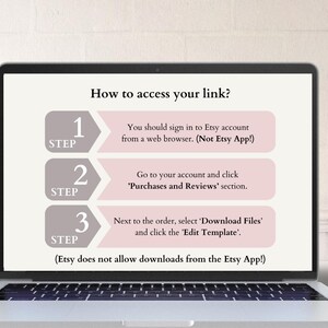 May include: A laptop screen displaying a three-step guide on how to access a link. The steps are numbered 1, 2, and 3, and each step is described in text. The text includes the phrase "(Not Etsy App!)" and "(Etsy does not allow downloads from the Etsy App!)".