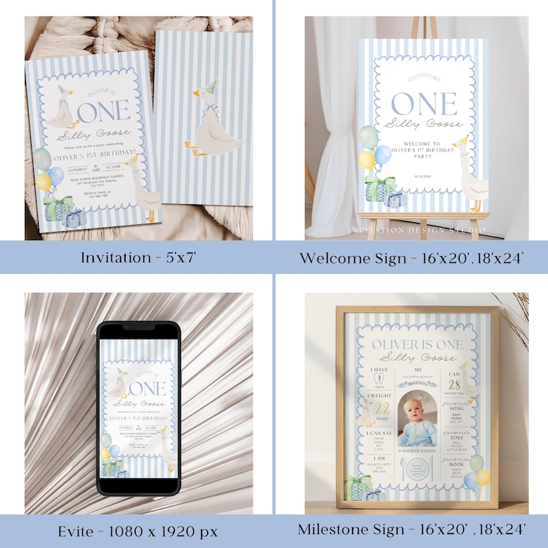 May include: A collection of party decorations with a "Silly Goose" theme. Includes an invitation, welcome sign, Evite, and milestone sign. The designs feature a cartoon goose, blue stripes, and pastel colors, perfect for a first birthday celebration.