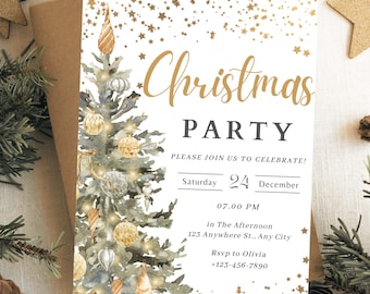 Invitación navideña editable Tema dorado Invitación a evento festivo navideño Invitación a fiesta navideña boho