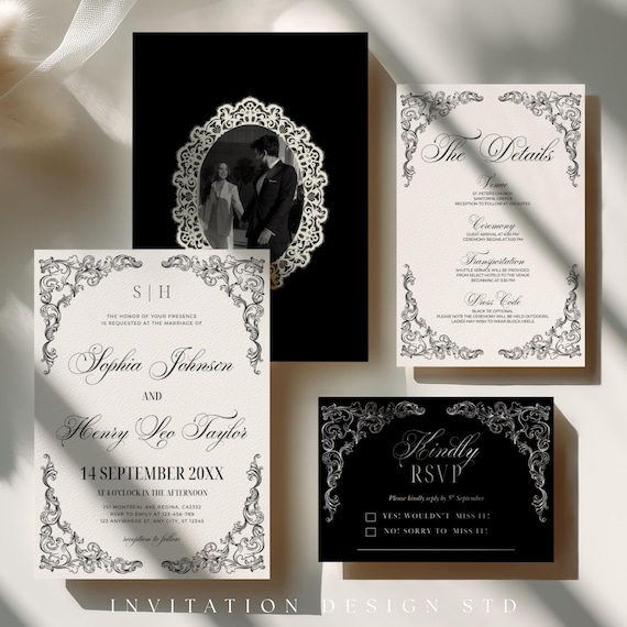 Luxurious Black and White Wedding Invitation Suite, Old Money Wedding Invite Suite, Elegant Wedding Template Set, Save the Date
