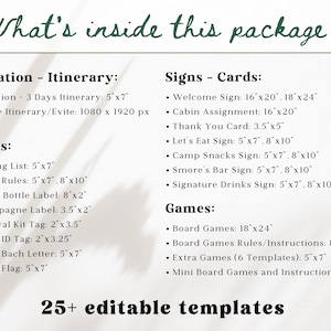 May include: A list of items included in a package, with the title "What's inside this package?" The list includes invitations, itineraries, signs, cards, extras, and games. The dimensions are listed in inches.